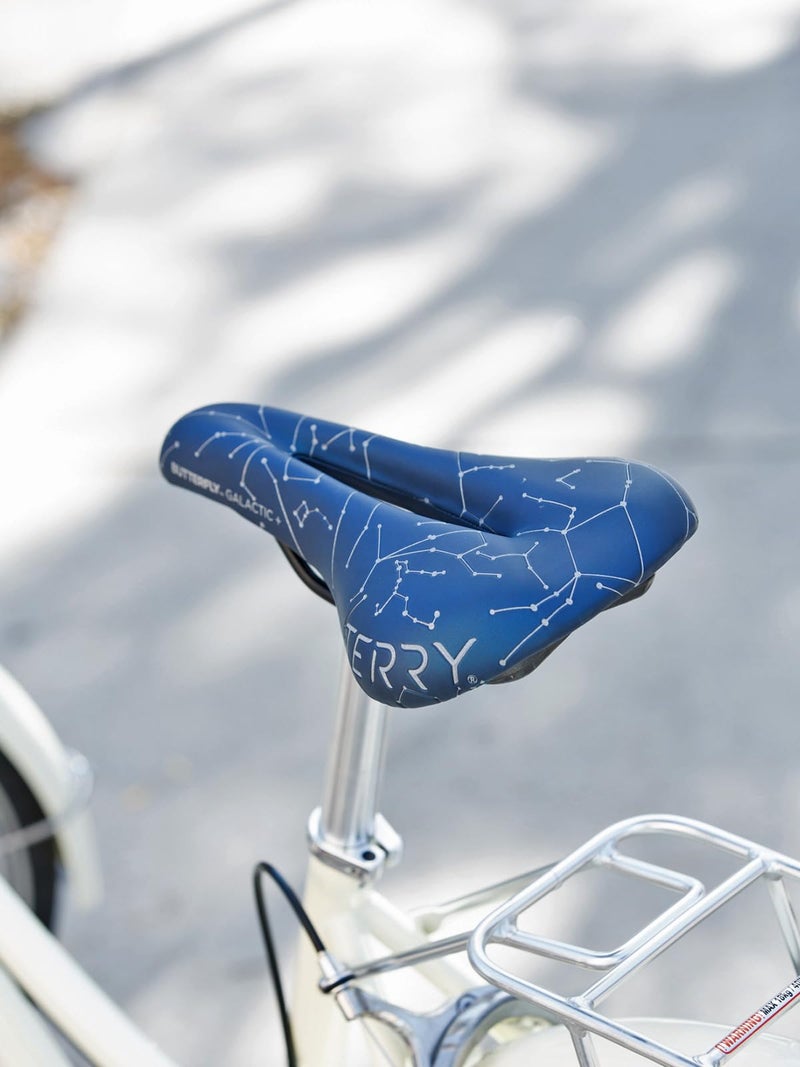 Terry Butterfly Galactic Bike Saddle | Bicycle Seat Optimized for Women - Flexible & Comfortable |Sit Bone Support, Ergonomic Design, Low Profile, Flat Top, Constelation Print Blue Leather - Image 2